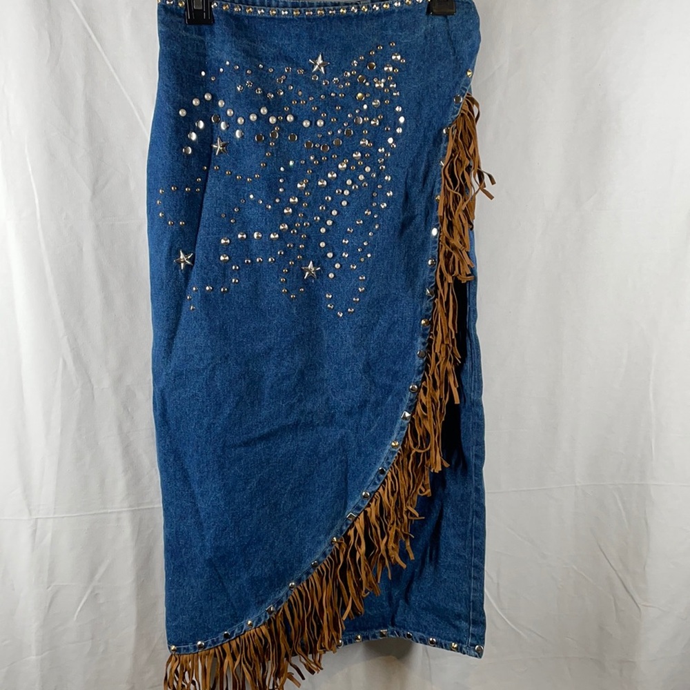 Vintage St Maarten western jean fringe wrap skirt